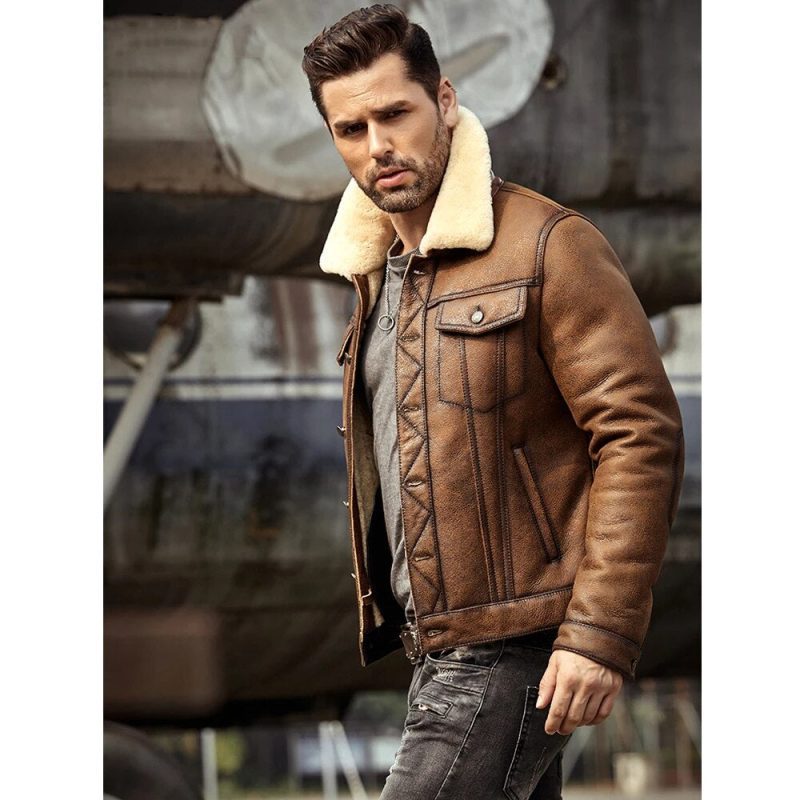 MensBrownRAFB3SheepskinTruckerShearlingLeatherJacket2