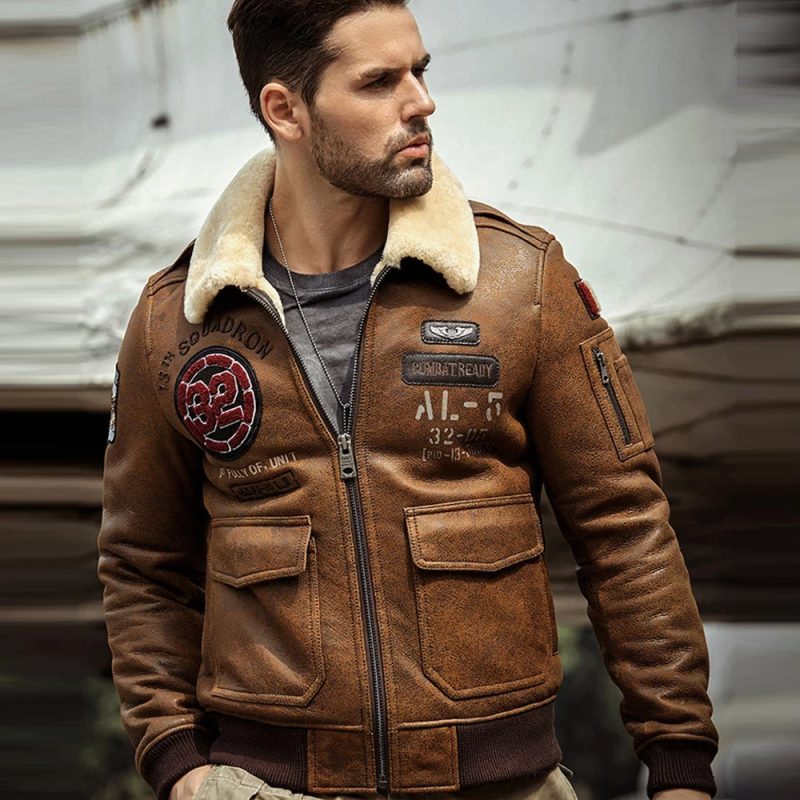 MensBrownShearlingJacketLeatherJacketFurCoatMensAirforceFlightCoatEmbroideredJacket