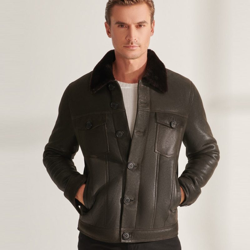 MensBrownSheepskinShearlingLeatherTruckerAviatorJacket2