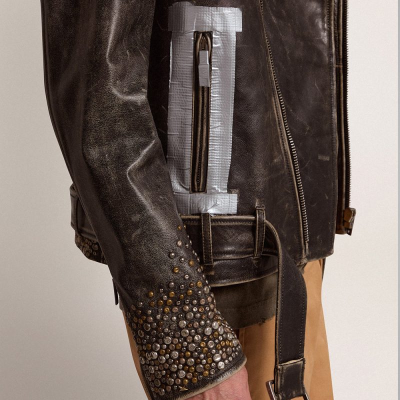 MensBrownStuddedDistressedLeatherJacket