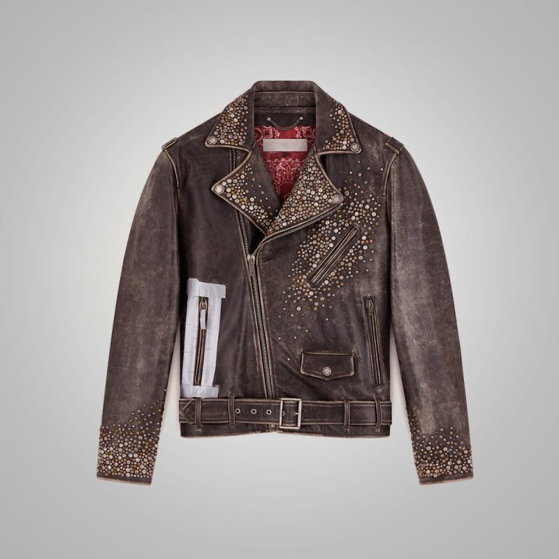 MensBrownStuddedDistressedLeatherJacket5