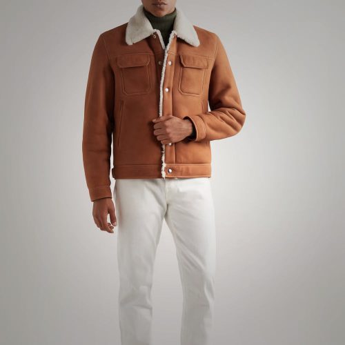 MensBrownSuedeLeatherShearlingTruckerJacket3