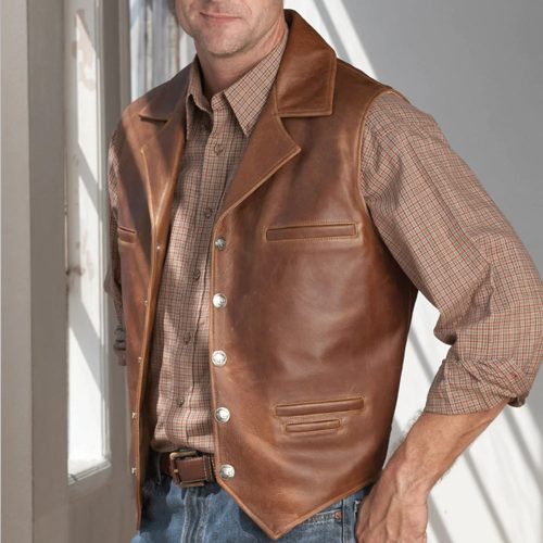 MensBrownWesternCowboyLeatherVest