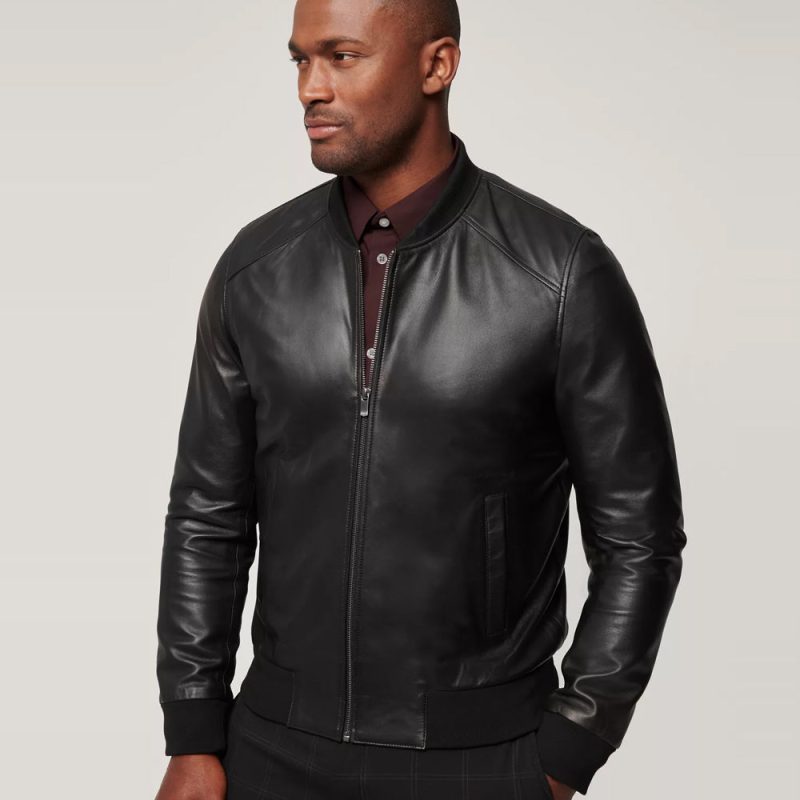 MensClassicBlackLambskinLeatherBomberJacket2