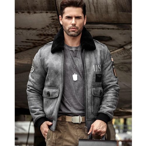 MensGraySheepskinShearlingJacketLeatherJacketA2AirforceFlightCoatMensWinterFurJacket