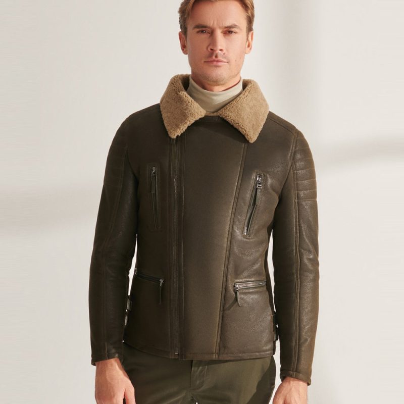 MensGreenRAFShearlingAirforceSheepskinAviatorLeatherJacket2