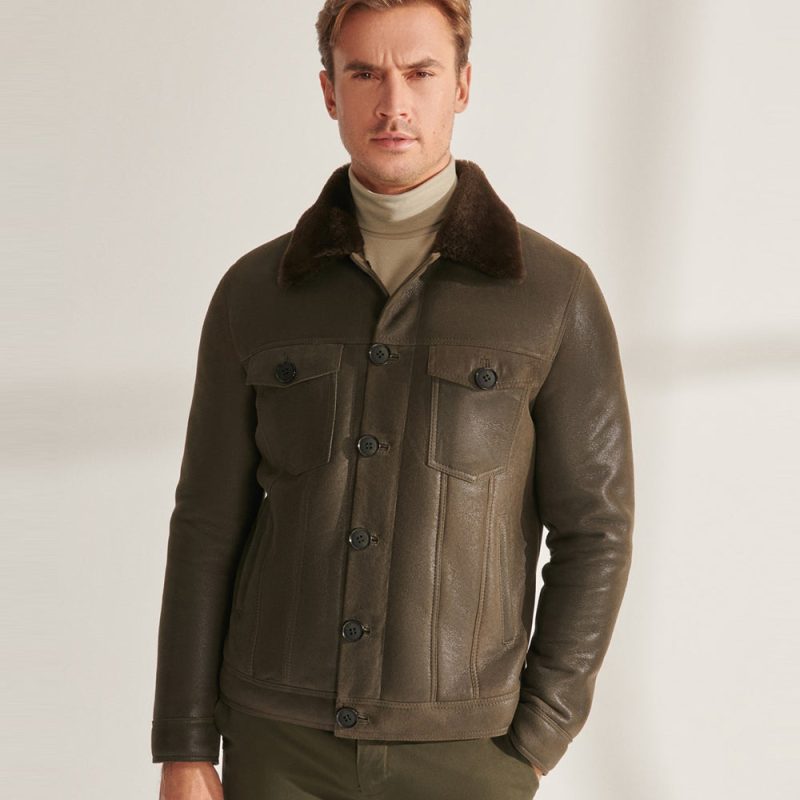 MensGreenSheepskinShearlingLeatherTruckerAviatorJacket2