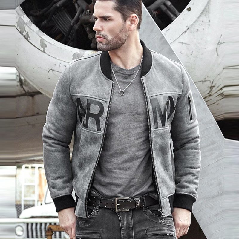 MensGreySheepskinArmyShearlingBomberJacket