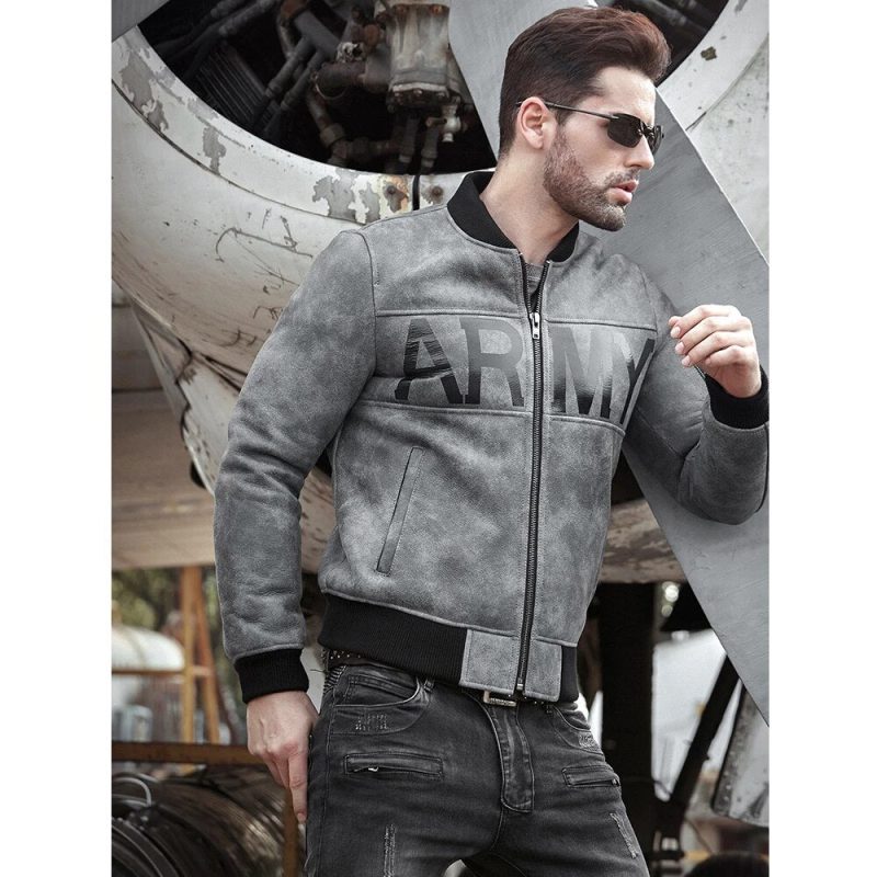 MensGreySheepskinArmyShearlingBomberJacket2