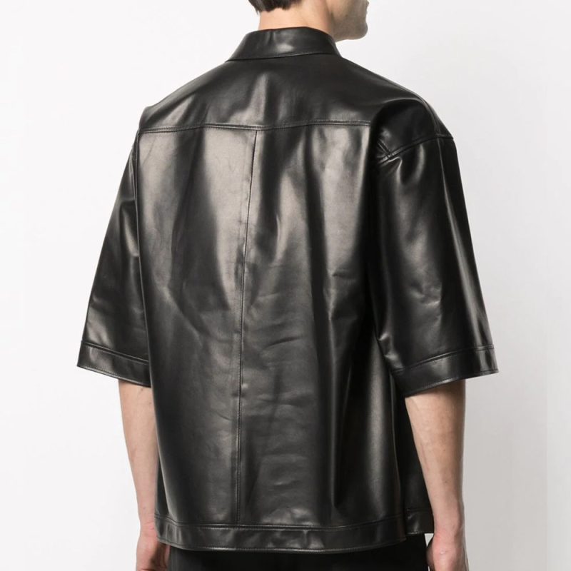 MensHalfSleevesSoftSheepskinBlackLeatherShirt2