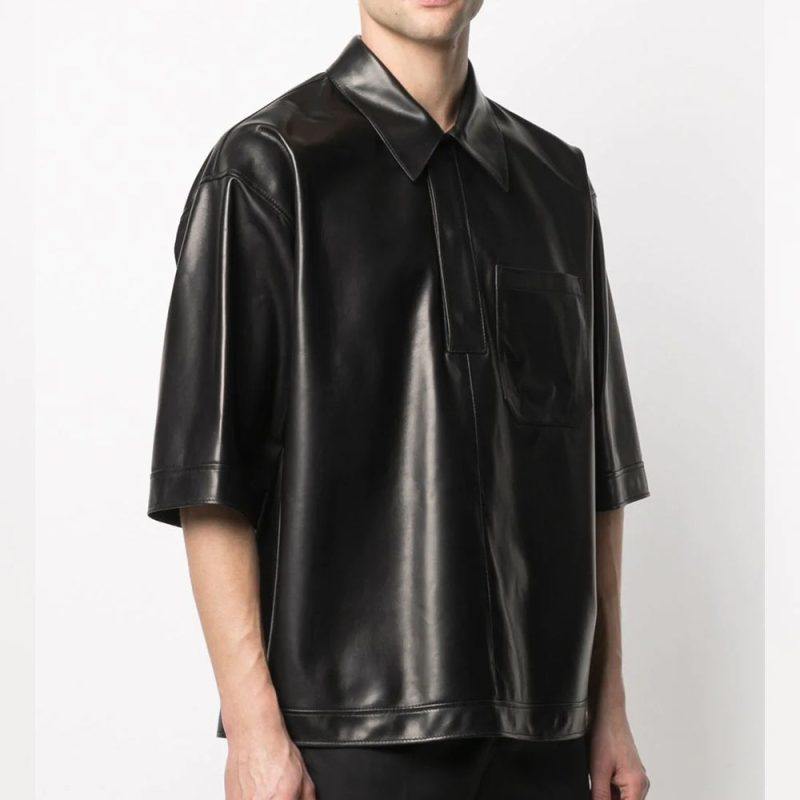 MensHalfSleevesSoftSheepskinBlackLeatherShirt3