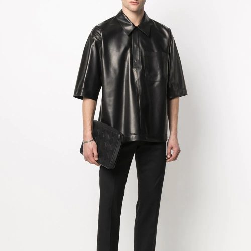 MensHalfSleevesSoftSheepskinBlackLeatherShirt4