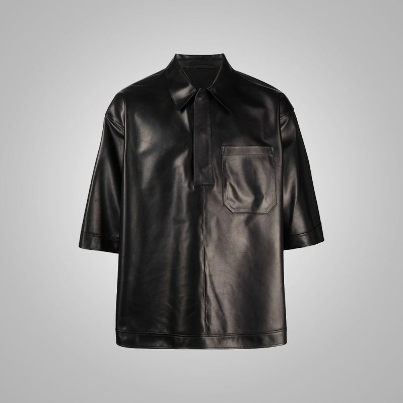 MensHalfSleevesSoftSheepskinBlackLeatherShirt5