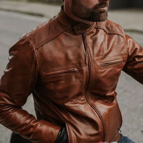 MensLightBrownCafeRacerLeatherMotorbikeJacket2