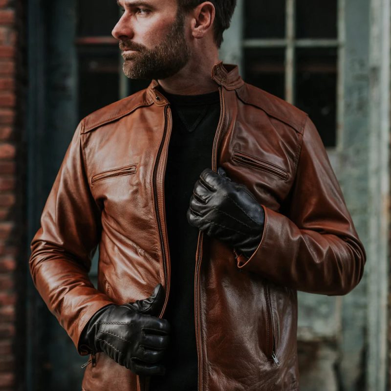 MensLightBrownCafeRacerLeatherMotorbikeJacket3