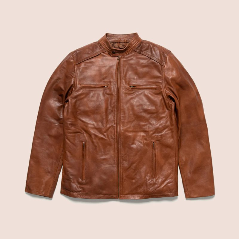 MensLightBrownCafeRacerLeatherMotorbikeJacket6