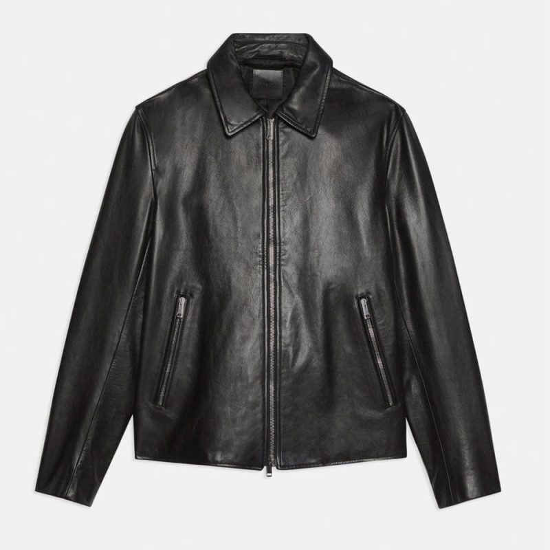 MensPointedCollarBlackShirtStyleLeatherJacket2