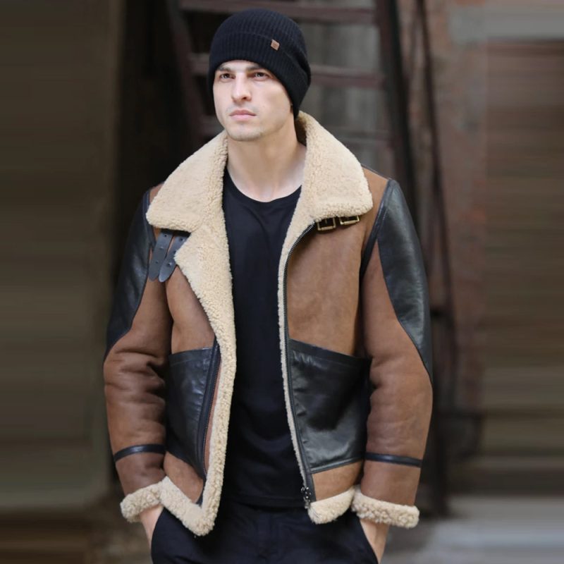 MensTwoToneB3RAFFlyingAviatorSheepskinLeatherJacket2