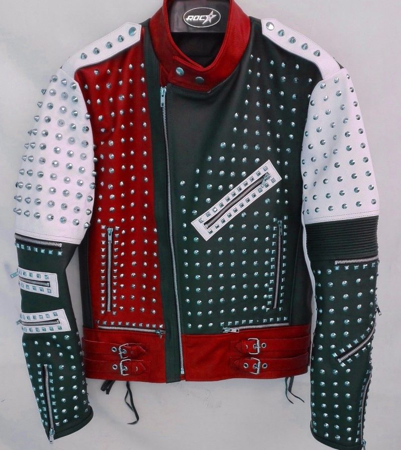 MultiColorBikerStuddedLeatherCoatJacketwithAdjustableWaistBeltedStrap1