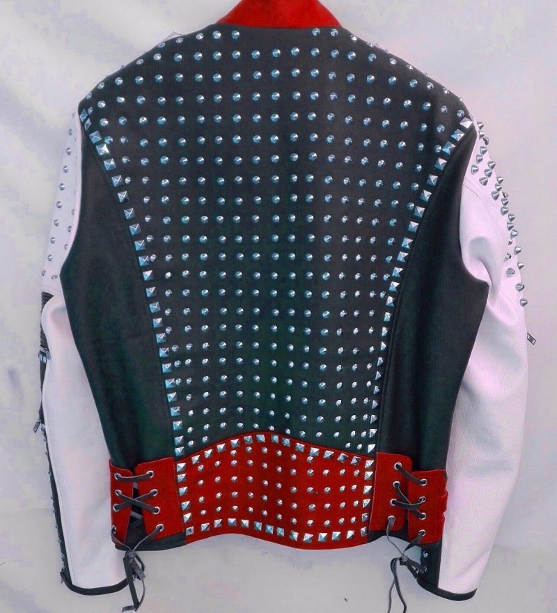 MultiColorBikerStuddedLeatherCoatJacketwithAdjustableWaistBeltedStrap2