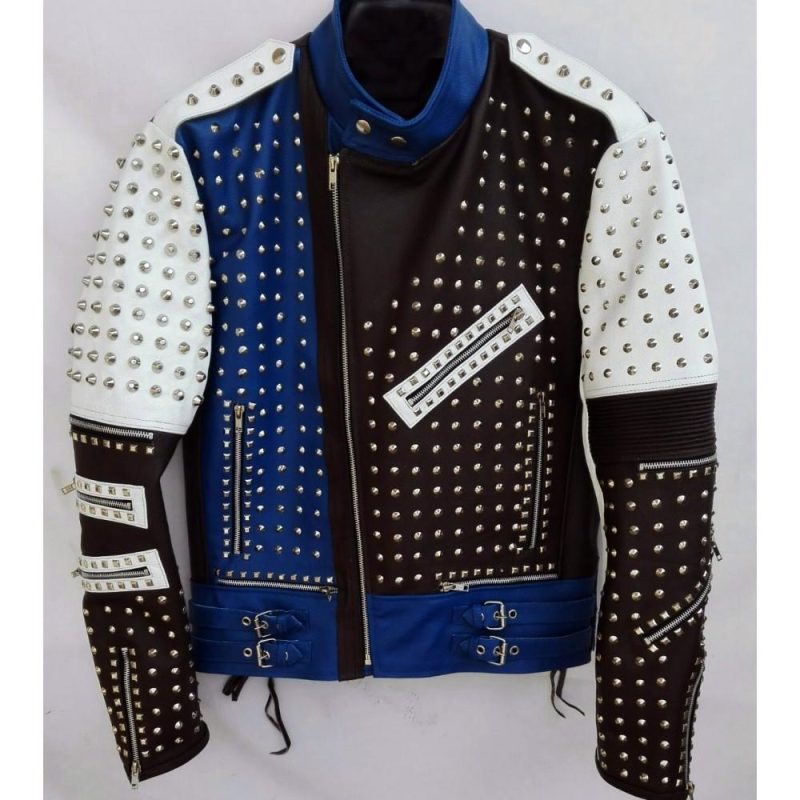 MultiColorFullStuddedBikerLeatherJacketwithAdjustableWaistBeltedStrap1