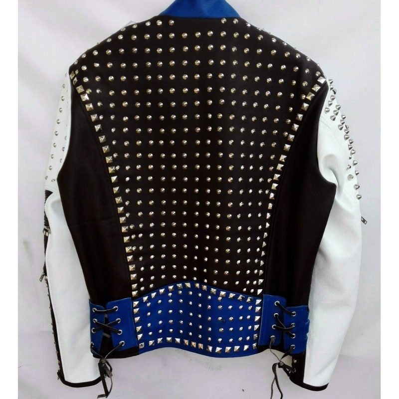 MultiColorFullStuddedBikerLeatherJacketwithAdjustableWaistBeltedStrap2