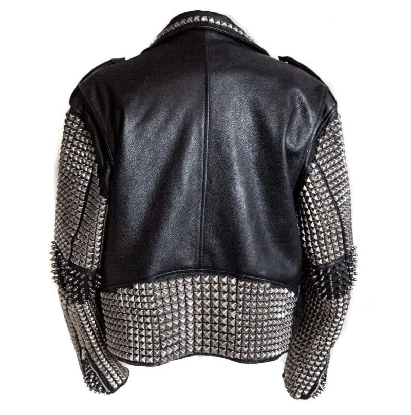 New Mens Full Black Punk Silver Spiked Studded Cowhide Leather Jacket1234