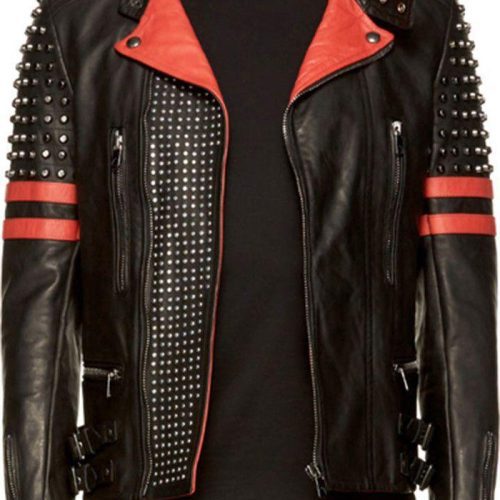 New Men's Back Red Half Silver Studded Stripes Biker Leather Jacket - Shearling leather