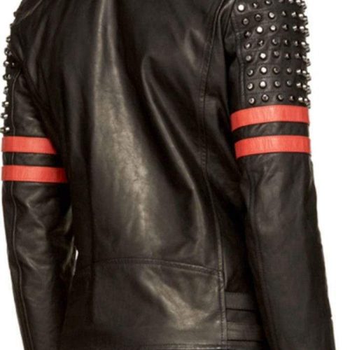 New Mens Likol Back Red Half Silver Studded Stripes Biker Leather Jacket1