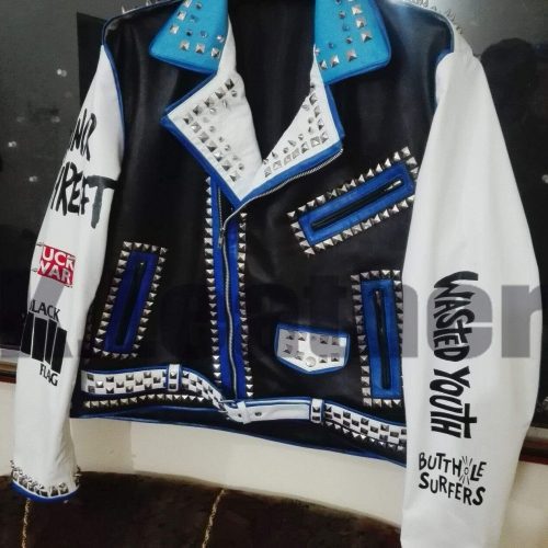 New Mens Multicolor Studded Printed Logos Punk Leather Jacket1234