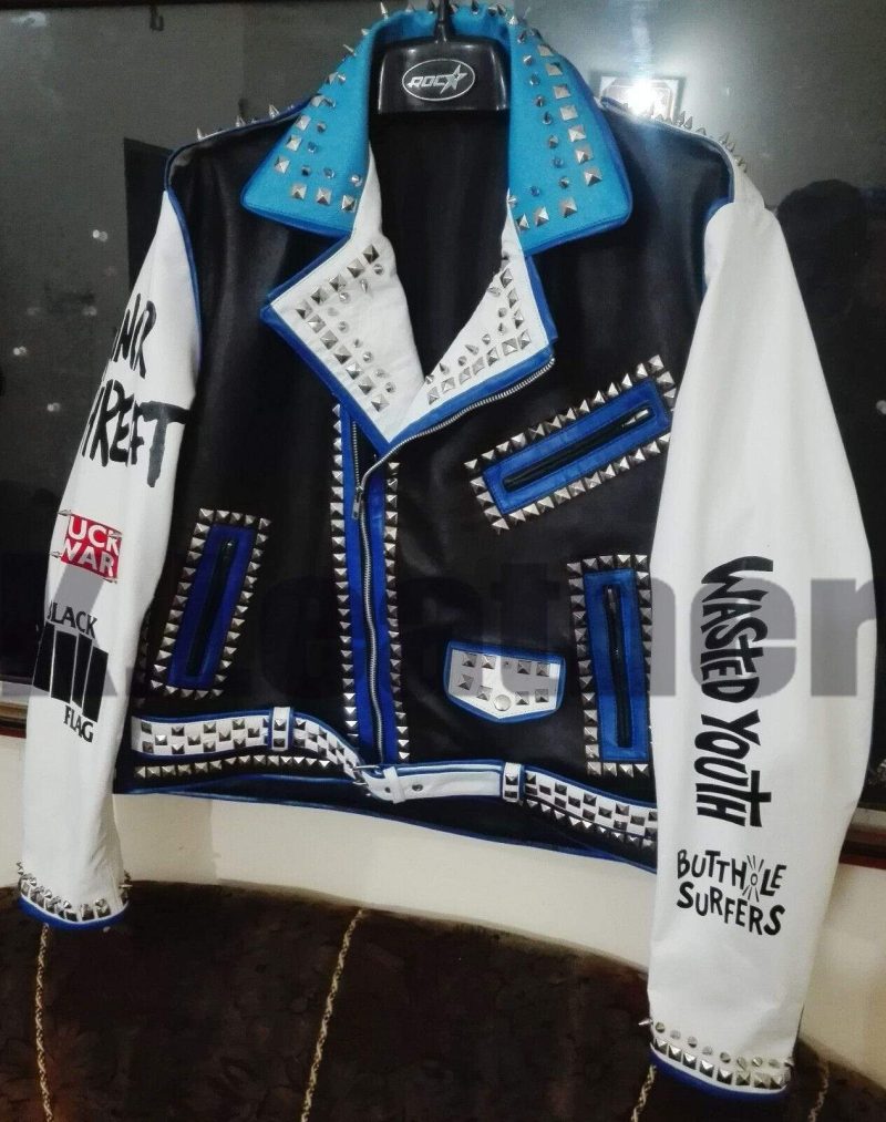 New Mens Multicolor Studded Printed Logos Punk Leather Jacket1234