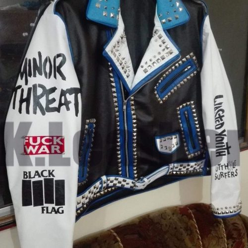 New Mens Multicolor Studded Printed Logos Punk Leather Jacket2234