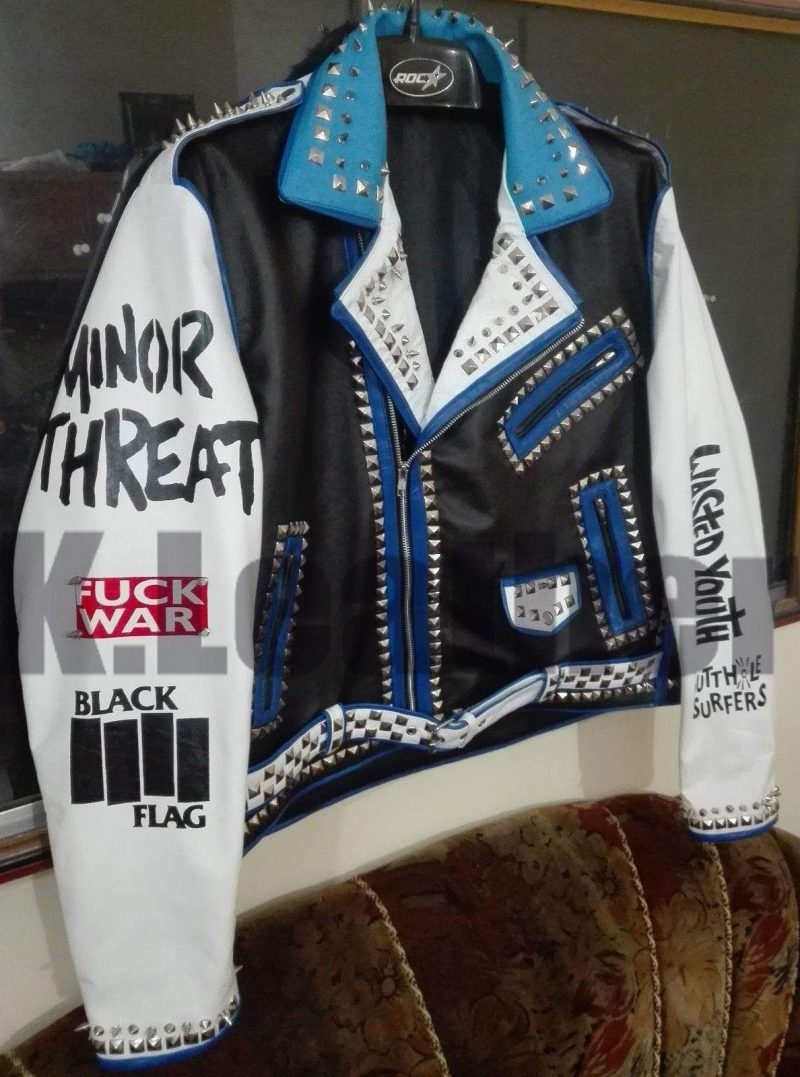 New Mens Multicolor Studded Printed Logos Punk Leather Jacket2234