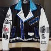 Mens Multi color Studded Printed Logos Punk Leather Jacket - Shearling leather