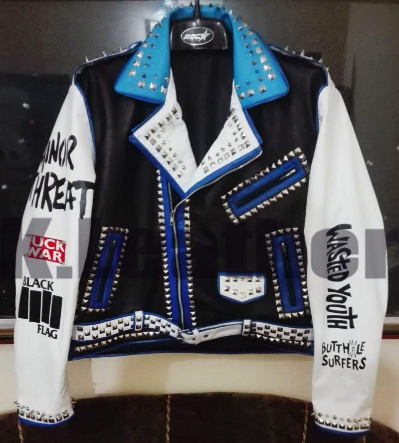 Mens Multi color Studded Printed Logos Punk Leather Jacket - Shearling leather