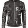 Mens Punk Biker Full Black Studded Embroidery Patches Leather Jacket - Shearling leather