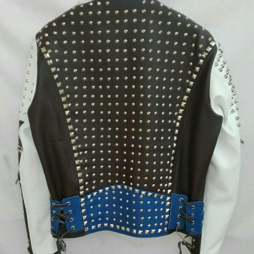 New Mens Punk Blue White Silver Studded Cowhide Leather Jacket1234