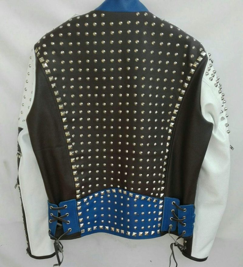 New Mens Punk Blue White Silver Studded Cowhide Leather Jacket1234