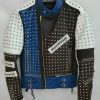 Mens Punk Blue White Silver Studded Cowhide Leather Jacket - Shearling leather