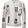 Mens Punk Full White Studded Embroidery Patches Leather Jacket - Shearling leather