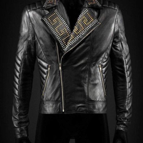 New Versace Golden Silver Studded Mens Black Cowhide Leather Jacket1206