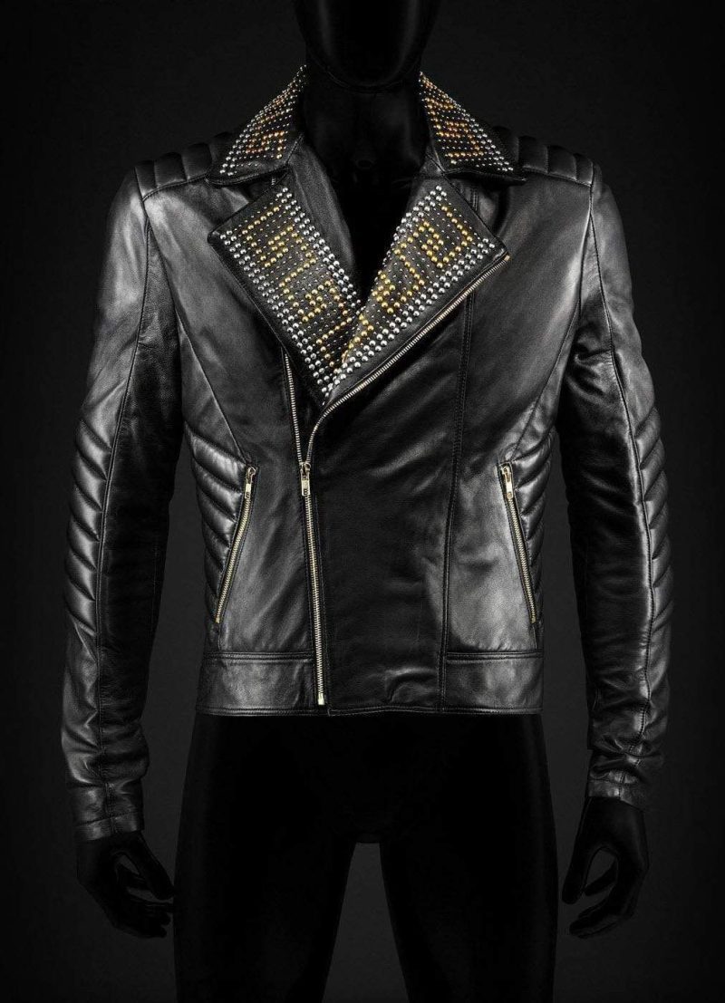 New Versace Golden Silver Studded Mens Black Cowhide Leather Jacket1206