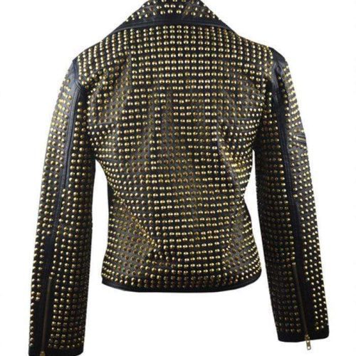 New Woman Black Full Golden Studded Brando Style Punk Cowhide Leather Jacket2281