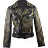 Woman Black Full Golden Studded Brando Style Punk Cowhide Leather Jacket - Shearling leather