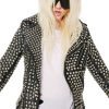 Woman Full Silver Studded Punk Cowhide Leather Jacket - Shearling leather