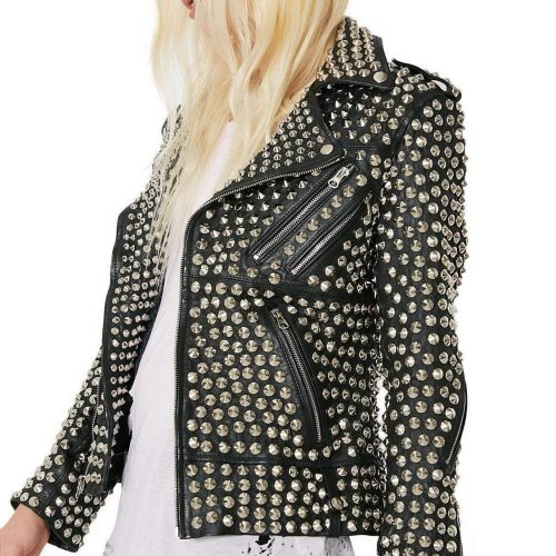 New Woman Full Silver Studded Punk Cowhide Leather Jacket234