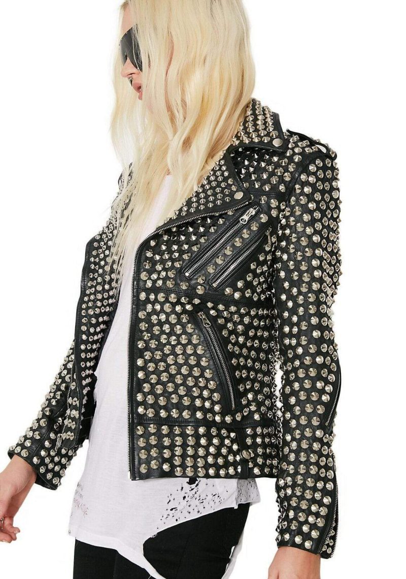 New Woman Full Silver Studded Punk Cowhide Leather Jacket234