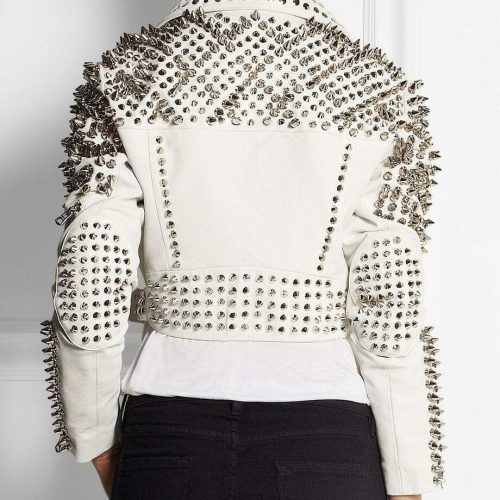 New Woman Full White Punk Brando Spiked Studded Leather Jacket1234