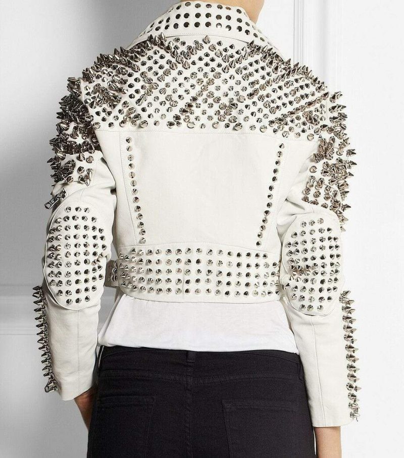 New Woman Full White Punk Brando Spiked Studded Leather Jacket1234