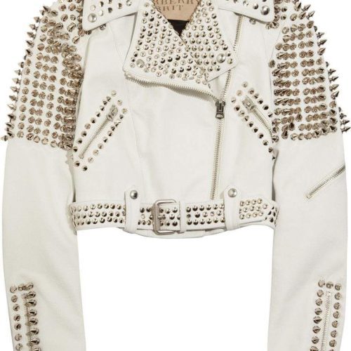 New Woman Full White Punk Brando Spiked Studded Leather Jacket2234